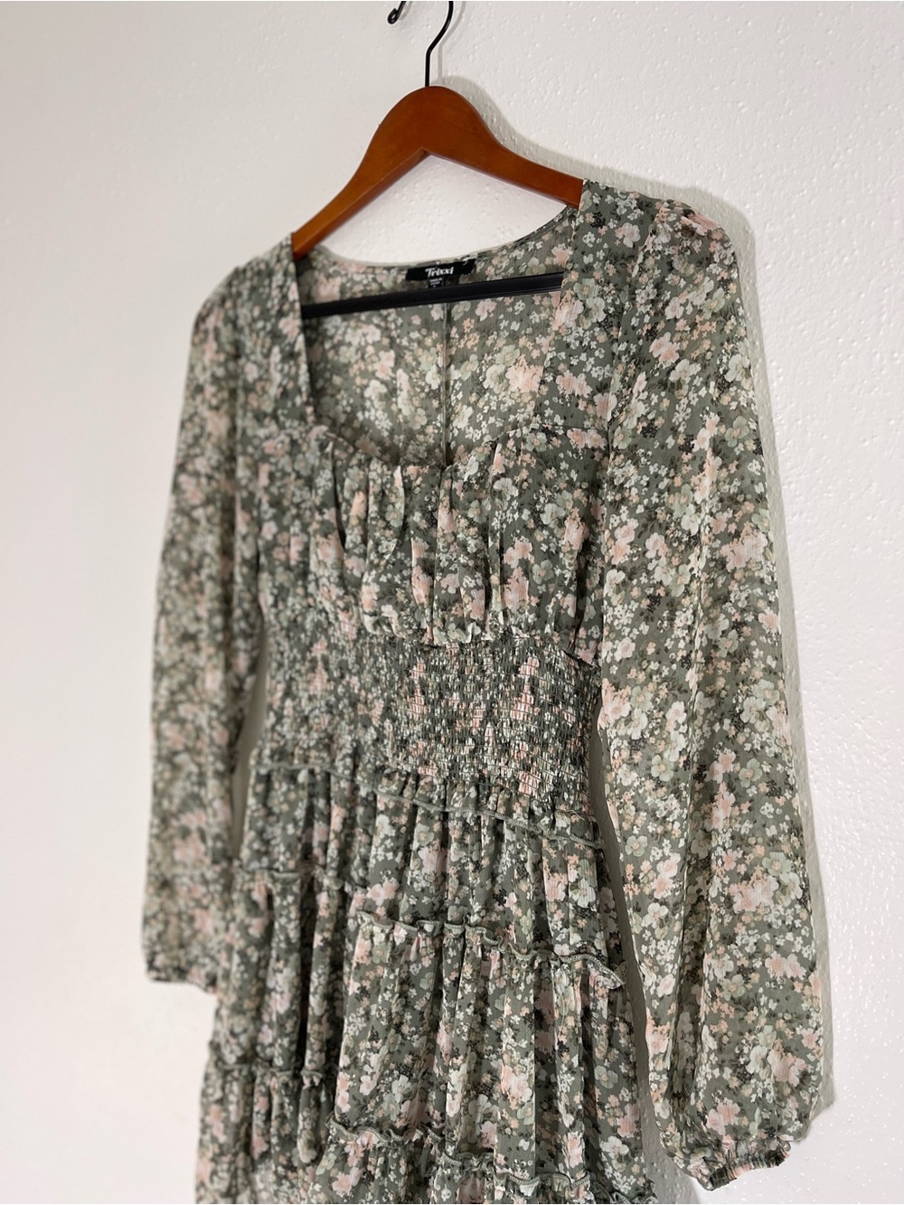 Trixxi Sage Green Floral Babydoll Smocked Tiered Mini Dress